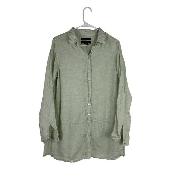 Tahari Shirt Womens Large 100% Linen Green Roll Tab Sleeve Tunic Top Minimalist - Picture 1 of 10